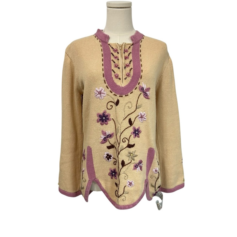 Storybook Knits Irresistible Floral Sweater Zip Neck Nordic Beige Sz Small Vtg - Picture 12 of 12